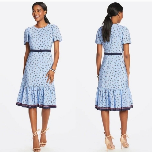 Draper James Collection Border Print Floral Tulip Dress Size 8 Blue/Pink Silk - Picture 2 of 12